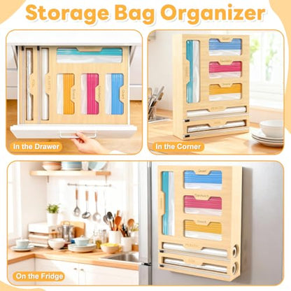 Magnetic Storage Bag Organizer 6 In 1 Ziplock Bag Organizer for Fridge and Drawer, Foil and Plastic Wrap Organizers with Cutter, Food Storage Bags Organizers for Gallon Quart Sandwich Snack