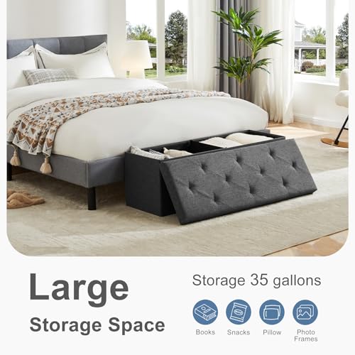 DUMOS 43 Inch Folding Storage Ottoman Bench, Large Ottoman with Storage | Storage Chest with Thicker Foam Padded Seat, End of Bed Foot Rest Stool for Bedroom Living Room Entryway, Load 660 lbs, Grey