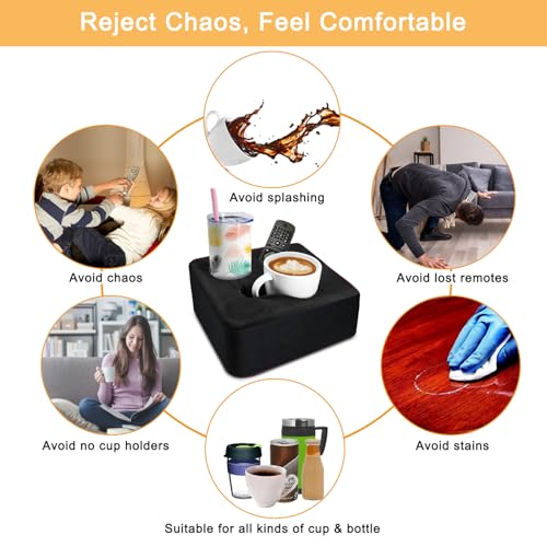 Couch Cup Holder Pillow Tray & Caddy - for Sofa, Bed, Car, Man Cave | Keep Drinks at Hand & Spill-Proof Accessories for New Parents, Camping, Park, Boat, Beach -Black
