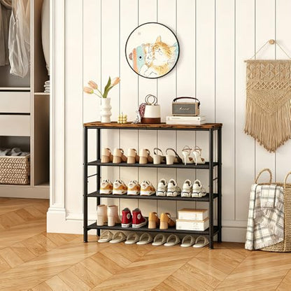 INGIORDAR 4 Tier Shoe Rack Storage Organizer Shelf Top with MDF Board | Space-Saving,with 3 Layer Fabric,stores 16+Pairs of Shoes for Closet,Entryway,Bedroom,Living Room Garage,Black+Rustic Brown