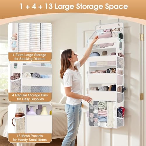 WISELIFE 5-Tier Over the Door Organizer for Hanging - 50LB Heavy-Duty Back of Door Organizer with 5 Spacious Pockets & 13 Mesh Pockets, Multipurpose Storage for Nursery, Bedroom, Closet(1 Pack, Beige)