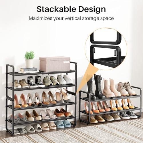 Expandable Metal Shoe Rack for Closet, Entryway & Garage, 2-Tier, Black | Adjustable Height for Boots, Stackable Design, Dense Mesh Shelves for Heels, Fits Small Spaces, Apartments and Rentals