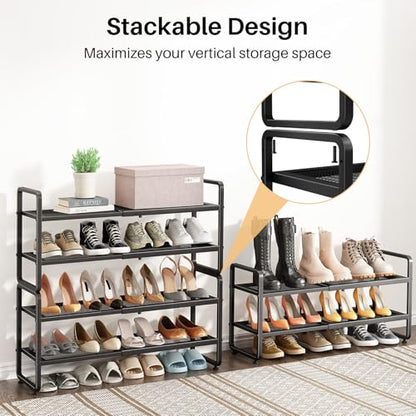 Expandable Metal Shoe Rack for Closet, Entryway & Garage, 2-Tier, Black | Adjustable Height for Boots, Stackable Design, Dense Mesh Shelves for Heels, Fits Small Spaces, Apartments and Rentals