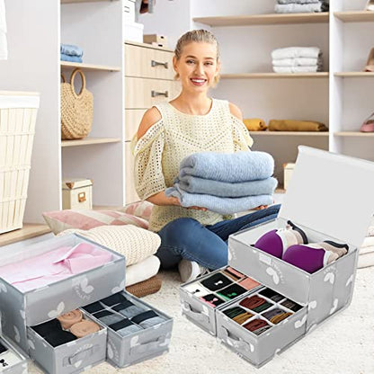 EASEVE Sock Underwear Drawer Divider - Closet Organizers and Dresser Organizer Wardrobe Clothes Box Storage Bins with Lid for Bra, Leggings, Shirt, Panty (1 Pack, Grey)