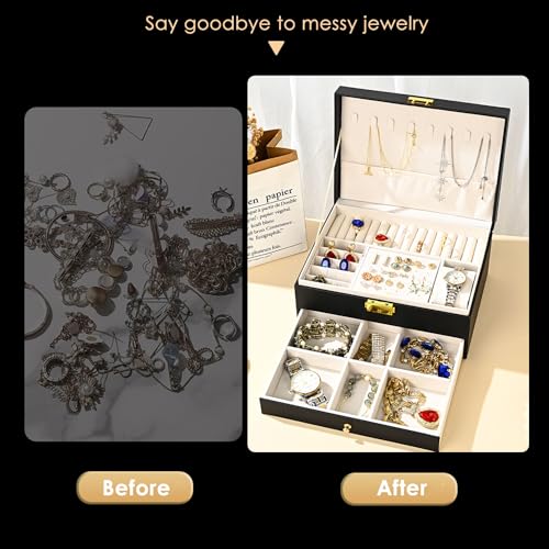 GUOER Jewelry Box for Women Girls, Two Layers Jewelry Organizer (Black) | Vintage Quilted Stitching PU Leather, Earrings Bracelets Rings Necklace Watches Storage Large Jewellery Holder Case Gifts