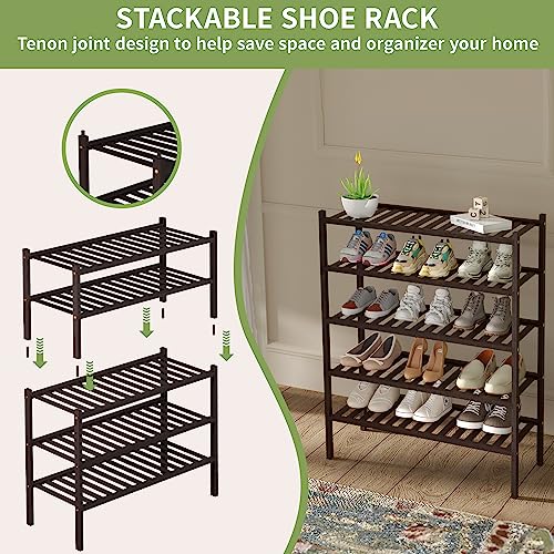 ROMGUAR CRAFT 3 Tier Bamboo Shoe Rack for Closet Free Standing Wood Shoe Shelf for Entryway Small Space Stackable 27"x11"x20" (Brown)