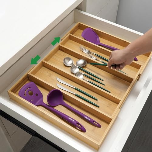 Utoplike Bamboo Expandable Kitchen Drawer Organizer Silverware Utensil Tray | Cutlery Holder, Drawers Divider for Large Utensils, Flatware, Knives, Spatulas in Kitchen, Office, Adjustable 3-5 Slots