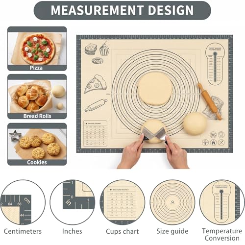 Silicone Baking Pastry Dough Mat - 26x16Inch Extra Large Cookie Bread Rolling Mats Sheet, Nonstick Kitchen Counter Kneading Board,Thick Reusable Pie Cookies Pizza Fondant Making Matt Measurement(Gray)