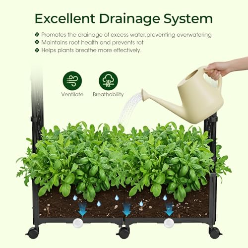 71"x16"x32" Planter Box with Trellis, 3-in-1 Self-Watering Planter Box with Wheels for Patio,Raised Garden Bed with Trellis, Drainage Holes & Metal Storage Rack for Vine Climbing Plants