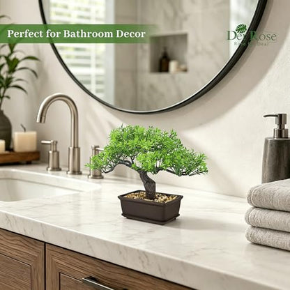 Der Rose Small Fake Bonsai Tree Ficus Decor Fake Plant for Shelf Desk Decor | 8" artificial bonsai tree with textured trunk, broad canopy and pebble base for bathroom desk shelf, Japanese and Zen decor