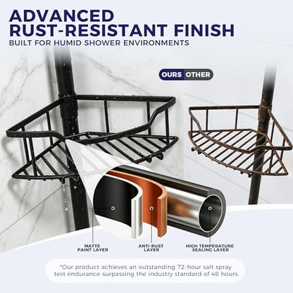Corner Shower Caddy Tension Pole, 4-Tier Fan-Shaped Adjustable Rustproof Bathroom Organizer Shelves, 47"-125'', No-Drill Quick Installation for Inside Shower, Bathtub, Black (BLACK)