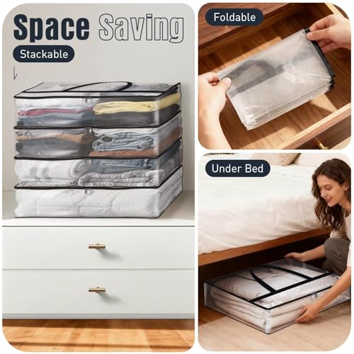 4 Packs 60L Clear Under Bed Storage Containers, Large Clothes Storage Bags | Heavy Duty Large Capacity Foldable Moving Bags with Sturdy Handles, Clothing Organizer Totes for Bedding Comforter Sheet