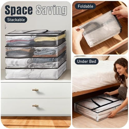 4 Packs 60L Clear Under Bed Storage Containers, Large Clothes Storage Bags | Heavy Duty Large Capacity Foldable Moving Bags with Sturdy Handles, Clothing Organizer Totes for Bedding Comforter Sheet