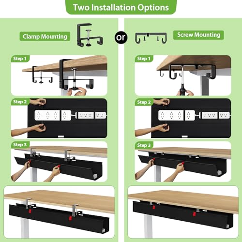 KEEGH Extra Large No Drill Under Desk Cable Management Tray 48 in, Black | Clamp/Screw Mount, Supports Up to 70lbs, Fabric Wire Management Cable Raceways, Cord Hiders, Cord Management for Office/Home