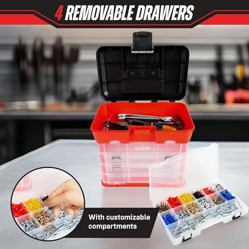 Portable Tool Storage Box - Small Parts Organizer with 4 Multi-Compartment Trays for Fishing Tackle, Hand Tools, or Craft Supplies by Stalwart