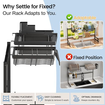 ADBIU Over The Sink Dish Drying Rack (Expandable Height and Length) Snap-On Design 2 Tier Large Dish Rack