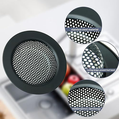 RQYEKDO 4.5" Stainless Sink Strainer Black Food Catcher Drain Plug | Wide anti-rust flared rim, matte dark coating, smooth holes speed drainage, block clogs, easy lift for quick cleaning
