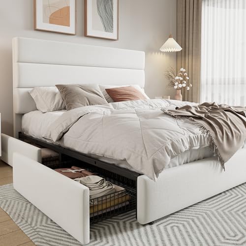 Allewie Modern Queen Size Platform Bed Frame with 4 Storage Drawers | Velvet Upholstered Headboard, Wooden Slats Support, Upholstered Mattress Foundation/No Box Spring Needed/Easy Assembly, White