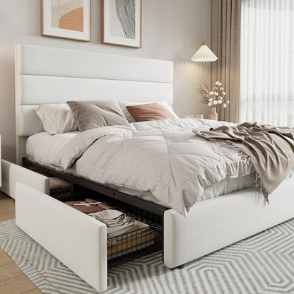 Allewie Modern Queen Size Platform Bed Frame with 4 Storage Drawers | Velvet Upholstered Headboard, Wooden Slats Support, Upholstered Mattress Foundation/No Box Spring Needed/Easy Assembly, White