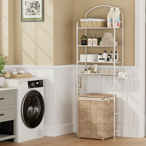 4-Tier Over The Toilet Storage, Bathroom Organizer | Space-Saving, 72"H Above Toilet Storage Rack with 4 Hooks and Paper Holder, Metal Shelf, White