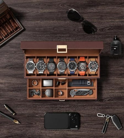 Watch Cases Box for Men 7 Slots Display Case with Jewelry Bottom | Watches Storage Organizer 2 Layer Pu Leather Collection Holder Gift for Dad Husband with Real Glass Lid Brown