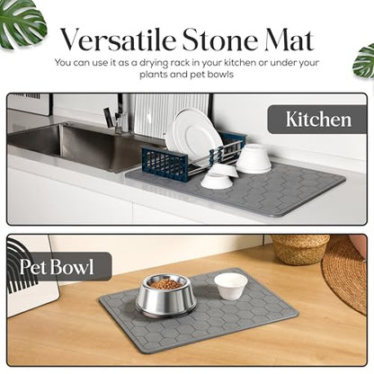 Diatomaceous Earth Stone Bathmat | Eco-Friendly XL Stone Bath Mat 18x24 Inch. Instant Dry Bathroom Mat with Sandpaper & Pads. Multiuse, Kitchen Counter & Stone Dog Bowl Mat (1, Grey)