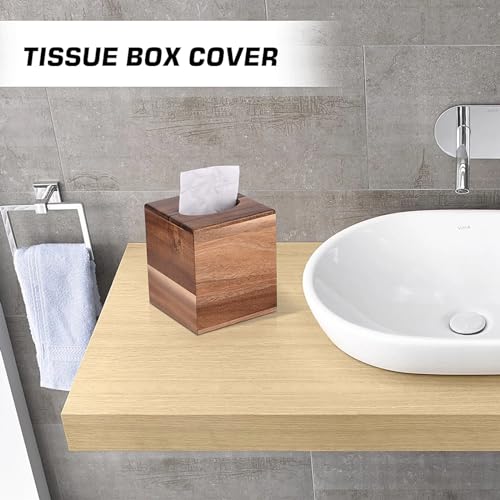 Tissue Box Cover Square, Acacia Wood Tissue Box Holder with Slide-Out Bottom, Wooden Tissue Box Cover Cube for Bathroom, Bedroom, Dinner Table, Office,Kitchen | with Slide-Out Bottom，for Bathroom, Bedroom, Dinner Table,Office,Kitchen