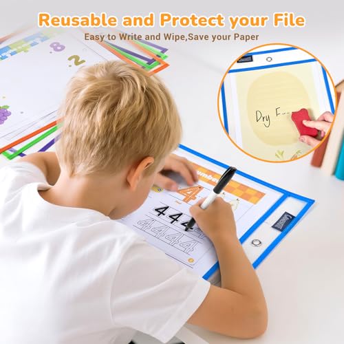 GAMENOTE 30 Pack Dry Erase Pockets, 10x14 Reusable Sleeves, 10 Colors | 30 reusable PVC pockets hold 8.5 x 11 and 9 x 12 sheets; double sided wipe clean surfaces, pen loops, eyelets, and 5 rings