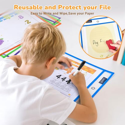 GAMENOTE 30 Pack Dry Erase Pockets, 10x14 Reusable Sleeves, 10 Colors | 30 reusable PVC pockets hold 8.5 x 11 and 9 x 12 sheets; double sided wipe clean surfaces, pen loops, eyelets, and 5 rings
