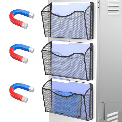 MINDEPOT Magnetic Wall File Organizer, Hanging File Holder, 3 Pack, Black | Heavy Duty Iron, Powerful Magnet, Metal Mesh Wall Mount, Single Pocket, for Office School Classroom Home, Letter A4 Size