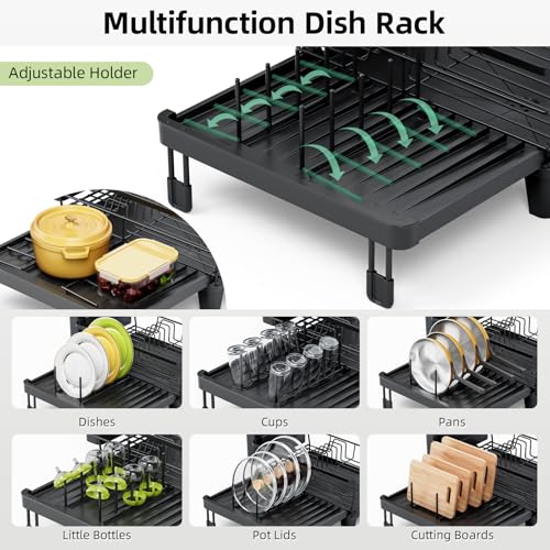 TOOLF Expandable Dish Drying Rack for Kitchen Counter, Black | Extendable 12"-22"W, Fast Draining, Large Capacity, Fits Large Plates, Utensil Holder, 3-4 People Family