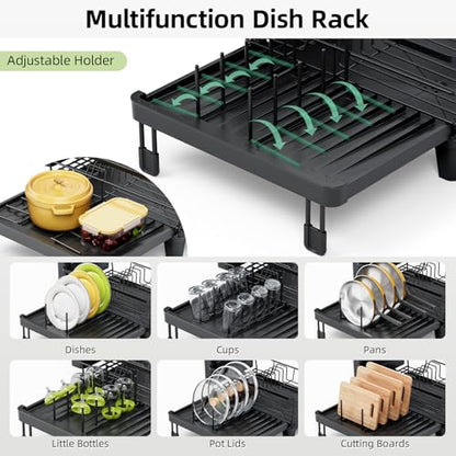 TOOLF Expandable Dish Drying Rack for Kitchen Counter, Black | Extendable 12"-22"W, Fast Draining, Large Capacity, Fits Large Plates, Utensil Holder, 3-4 People Family