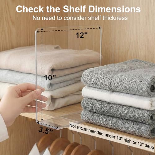 Shelf Dividers for Closet Organization: 10" Tall x 12" Deep | Adhesive Separators Features Acrylic Material and Provides Storage for Clothes and Purses in Bedroom Cabinets(8-Pack)
