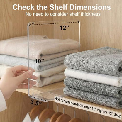Shelf Dividers for Closet Organization: 10" Tall x 12" Deep | Adhesive Separators Features Acrylic Material and Provides Storage for Clothes and Purses in Bedroom Cabinets(8-Pack)