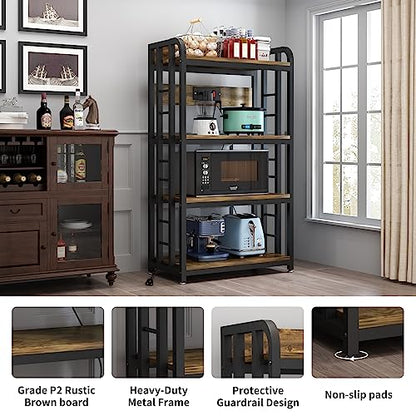 SIREDEEP Bakers Rack with Power Outlet ，4-Tier Kitchen Baker's Rack,Microwave Stand with Storage Suitable for Kitchen, Living Room, Dinning Room，Coffee Bar(Rustic Brown)