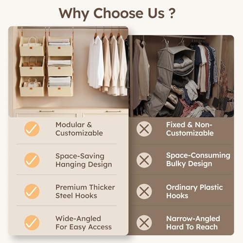 Hanging Closet Organizer 4 Tier - Clothes Hanging Shelves, Space-Saving Closet System, Fabric Storage Bins Bedroom Organization, Collapsible Baskets for Home, Dorm, Rv, Beige