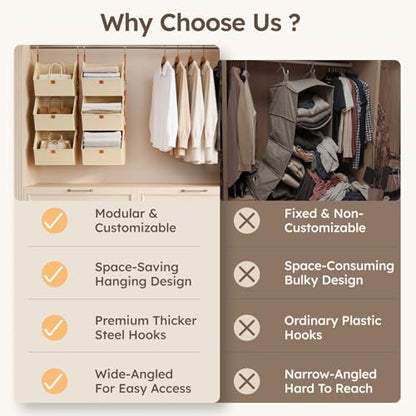 Hanging Closet Organizer 4 Tier - Clothes Hanging Shelves, Space-Saving Closet System, Fabric Storage Bins Bedroom Organization, Collapsible Baskets for Home, Dorm, Rv, Beige