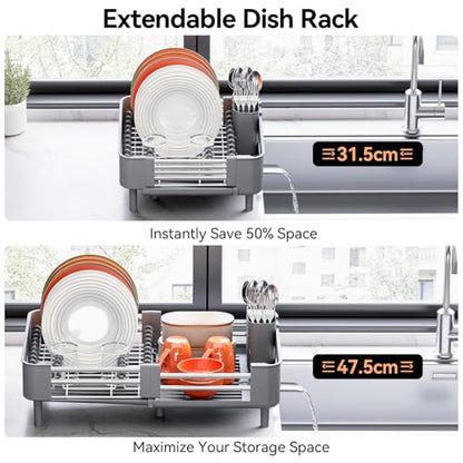 Urackify Extendable Stainless Dish Drying Rack for Kitchen Counter, Gray | 13.78"W x 18.7"L, Foldable Drainboard for Space Saving, Knife and Utensil Holder, Fast-draining Spout