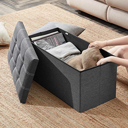 YOUDENOVA 30" Linen Ottoman with Storage, Folding Bench, Gray | Foldable linen ottoman with hidden storage, padded seat and sturdy frame for living room or bedroom.