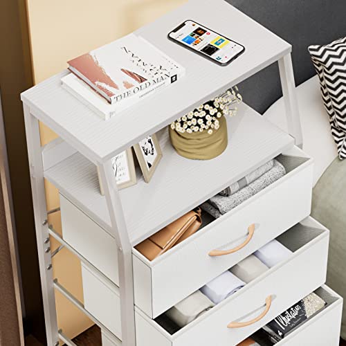 White Tall Dresser for Bedroom, 5 Fabric Bins Tall Nightstand | Dorm Dresser, Vertical Storage for Closet, Chest of Drawer for Entryway, Nightstand Bedside Table, Metal Frame,Wood Top