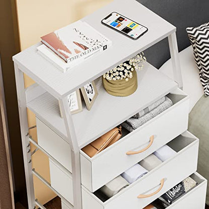 White Tall Dresser for Bedroom, 5 Fabric Bins Tall Nightstand | Dorm Dresser, Vertical Storage for Closet, Chest of Drawer for Entryway, Nightstand Bedside Table, Metal Frame,Wood Top
