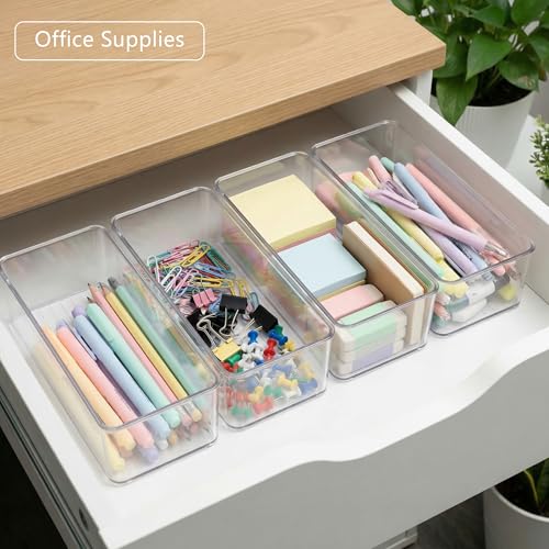 8 PACK Drawer Organizers Deep Drawer Organizer Bins Silverware Organizer Clear Stackable Storage Bins for Bathroom, Pantry, Office, Vanity, Desk Organization and Storage