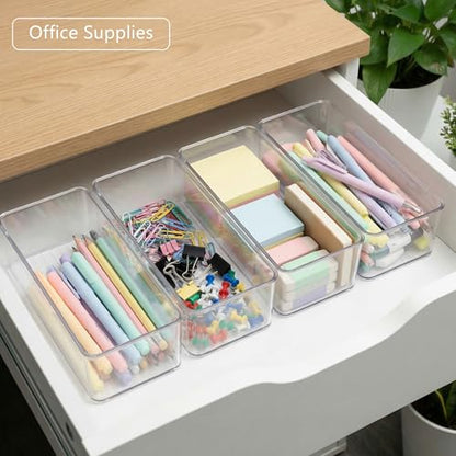 8 PACK Drawer Organizers Deep Drawer Organizer Bins Silverware Organizer Clear Stackable Storage Bins for Bathroom, Pantry, Office, Vanity, Desk Organization and Storage