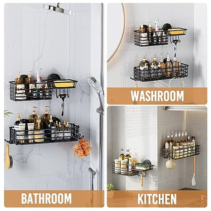 Shower Caddy Suction Cup, 2 Pack Shower Shelves fo... (2 Count | Black | Metal)