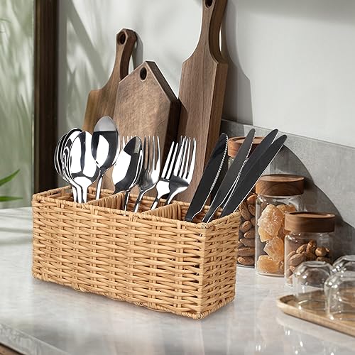 Flatware Silverware Caddy Party Cutlery Utensil Holder Organizer Counter | Plastic Silverware Holder Table Wicker Small Kitchen Utensils Holder for Countertop Fork Spoon Organizer Cutlery Caddy Basket