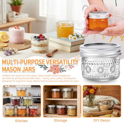 4 oz Small Embossed Mason Jars 24-Pack with Airtight Lids, Leakproof