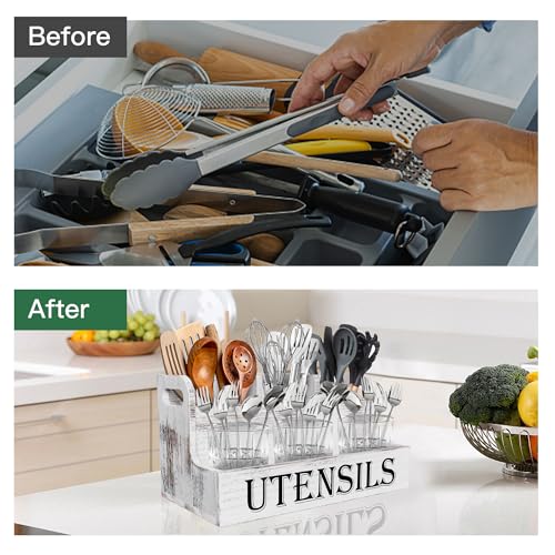 Extra Large Kitchen Utensils Holder, 2 Tier, 4 Compartments | Wooden Utensil Organizer for Kitchen Countertop, Spacesaving, Farmhouse Decor, Large Capacity, White Grain
