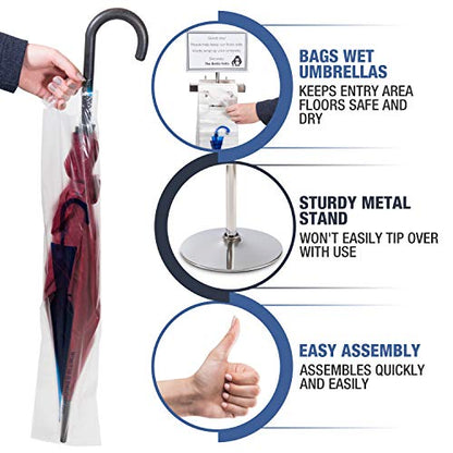 Umbrella Bag Wrapper Station with Sign Frame - Wrap Umbrellas for Rain - Be Safe, Wrap it up! - 200 Long Bags Included