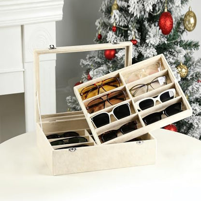 16-Slot Sunglass Organizer Box,2 Layer Velvet Sunglasses Holder | Soft Velvet Material,Sunglass Case for Multiple Sunglass,Sunglass Box for Women,Eyeglass Organizer,Sunglass Display
