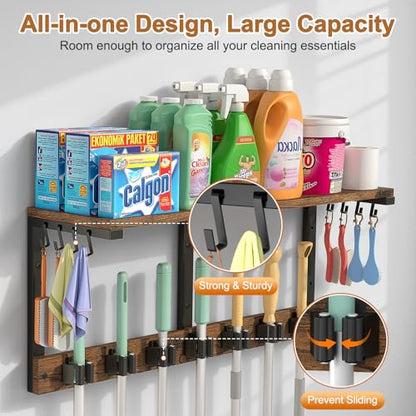 Housolution Wall Mount Broom Holder Laundry Room Storage Organizer Shelves | Thickened Metal Frame, 100 LBS High Load-Bearing, Large Capacity, Multifunctional with 7 Grippers & 8 Hooks
